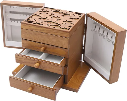 Vista 2 de Joyero multicapa de madera, caja de almacenamiento grande, organizador de joyería, collar, caja de almacenamiento con espejo para niñas y mujeres, 5