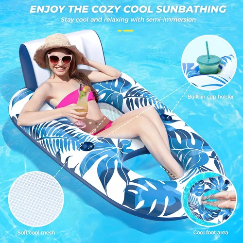 Vista 2 de JCLEAL Flotadores de piscina para adultos de 1-2-3 personas, tumbona inflable extra grande, silla reclinable reclinable con respaldo, reposapiés
