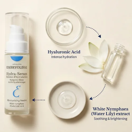 Vista 3 de Embryolisse Hydra-Serum, suero facial ligero de ácido hialurónico ultra hidratante con lirio de agua blanca, para pieles grasas a mixtas, 1.01 onzas