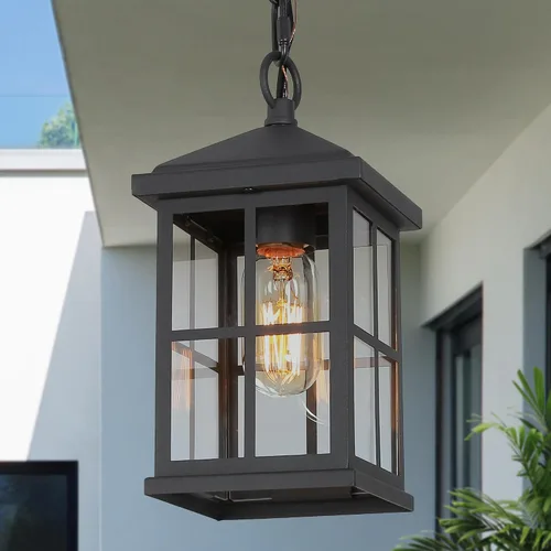 Vista 13 de Lámpara colgante para exteriores, luces colgantes antioxidantes exteriores de granja, luz de techo negra para exteriores con vidrio sembrado Negro