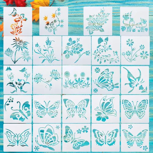 Vista 2 de Mega Pet 24 plantillas de pared de mariposas y flores, patrones de jardín, plantillas de dibujo, plantillas de pintura, plantillas de arte