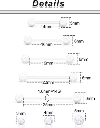 Vista 3 de 6mm-38mm 14G 16G Anillos de pezón transparentes de plástico para lengua, aretes industriales para cirugía, embarazo, ombligo, anillo de bioflex