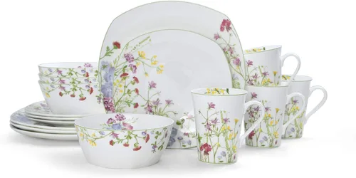 Vista 2 de Mikasa Wildflower Garden - Juego de vajilla de porcelana de hueso de 16 piezas para 4, platos cuadrados y cuencos con tazas, diseño floral, apto