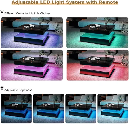 Vista 4 de HedoAjim Mesa de centro LED negra para sala de estar, mesa de sala de estar, mesas centrales cuadradas de 2 niveles, mesas de centro de madera