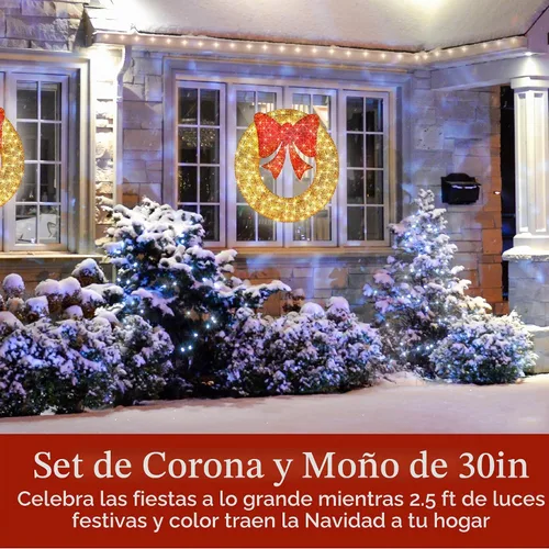Vista 2 de Best Choice Products - Corona navideña para exterior, preiluminada, de 30 pulgadas, con decoración LED de metal para las fiestas, para el hogar