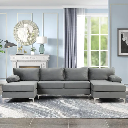 Vista 21 de Sofá modular moderno en forma de L, con diván extra ancho y patas doradas Gris