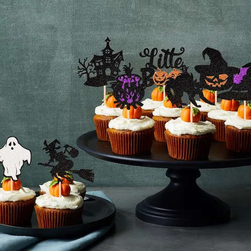 Vista 5 de Rsstarxi Paquete de 24 adornos para cupcakes Little Boo con purpurina, bruja, gato, calabaza, castillo, fantasma, magdalenas, alimentos, decoración