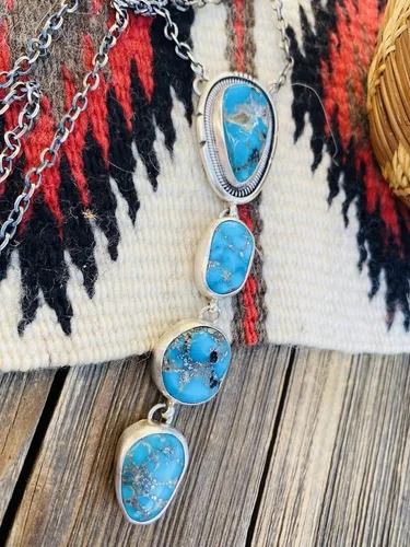 Vista 3 de Collar de plata esterlina navajo y turquesa Kingman, Metal, Turquesa