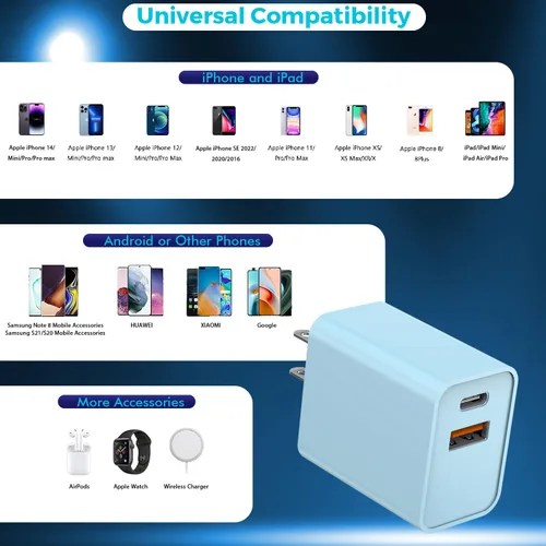 Vista 7 de Bloque de carga para iPhone 16/15, bloque de carga USB C [paquete de 2] 20 W de doble puerto PD rápido USB C adaptador de cargador de pared USB A