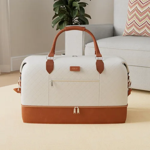 Vista 2 de Bolsa de fin de semana para mujer, bolsa de viaje de nailon, con compartimento para zapatos, tamaño grande 1-beige