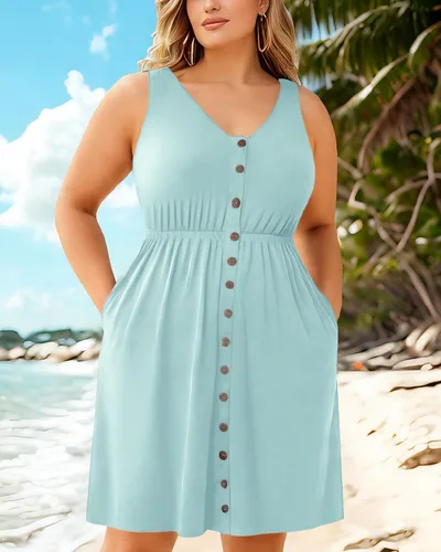 Vista 50 de Holipick Vestidos de verano para mujer, talla grande, casual, con bolsillos, acampanado, con botones, sin mangas, cuello en V