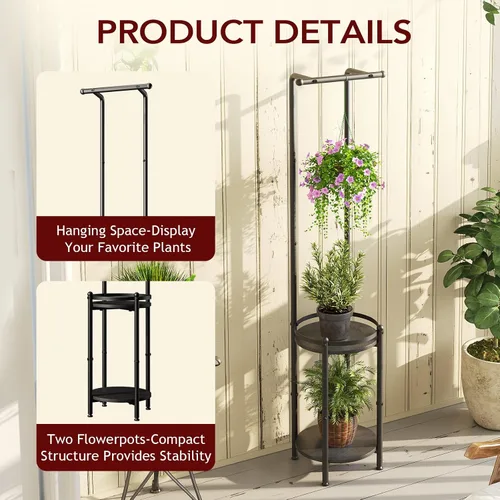 Vista 6 de Homsorout Soporte para plantas para interiores y exteriores, soporte de metal resistente de 2 niveles para plantas colgantes de hierro que ahorra