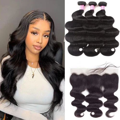 Vista 9 de Paquetes de Ondas Corporales con Cierre para Mujeres Negras (10 12 14+10) 100% Cabello Humano Brasileño de Ondas Corporales Sin Procesar 3 Paquetes