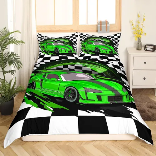 Vista 2 de Erosebridal Juego de ropa de cama de coche deportivo verde para niños, tamaño individual, funda de edredón de autos de carreras para niños