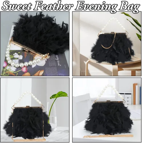 Vista 5 de Bolsos de mano de plumas para mujer, bolsos de noche esponjosos de perlas para boda, aniversario, fiesta