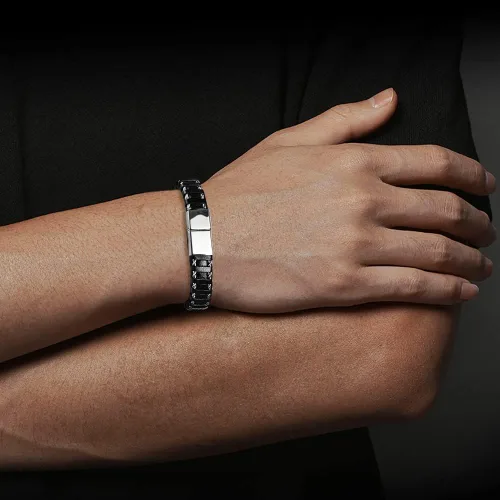 Vista 4 de Magna Steel - Pulsera trenzada de cuero auténtico con cierre magnético para hombre