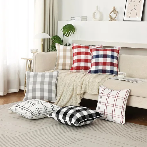 Vista 6 de Amzdecor Buffalo - Fundas de almohada a cuadros beige y blanco, 18 x 18 pulgadas, paquete de 2