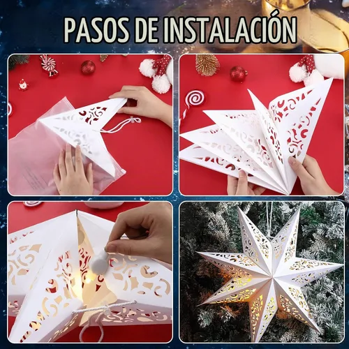 Vista 3 de 3 Piezas Faroles de Papel de Navidad de 20 Pulgadas con Forma de Estrella Decorativos de 7 Puntas de Papel Blanco con 6 Piezas de Luces LED