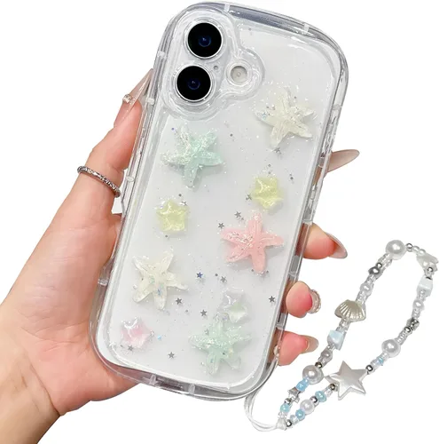 Vista 46 de Compatible con iPhone 11 Pro Funda Transparente Bonita con Diseño de Estrella con Purpurina en 3D con Perlas y Pulsera de Perlas, Diseño de Cadena