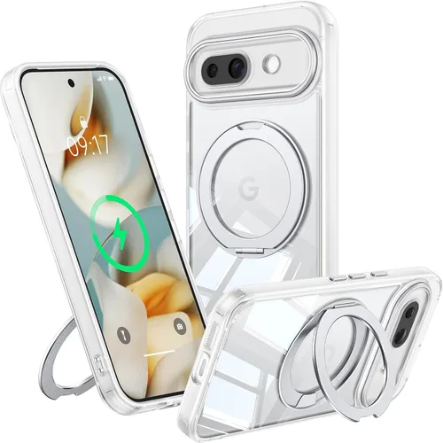 Vista 13 de 【Soporte magnético giratorio de 360°】 Funda para Google Pixel 8A 【Compatible con MagSafe y Pixelsnap】 Funda con soporte de anillo 【Transparente sin
