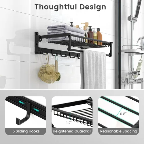Vista 7 de Tangkula Estante de baño plegable, estante de baño montado en la pared con barra ajustable y ganchos móviles, organizador de aluminio a prueba