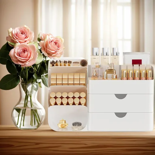 Vista 4 de Organizador de Maquillaje con 2 Cajones M y Portacepillos - Estuche de Almacenamiento de Cosméticos para Tocador, Encimera de Baño y Escritorio