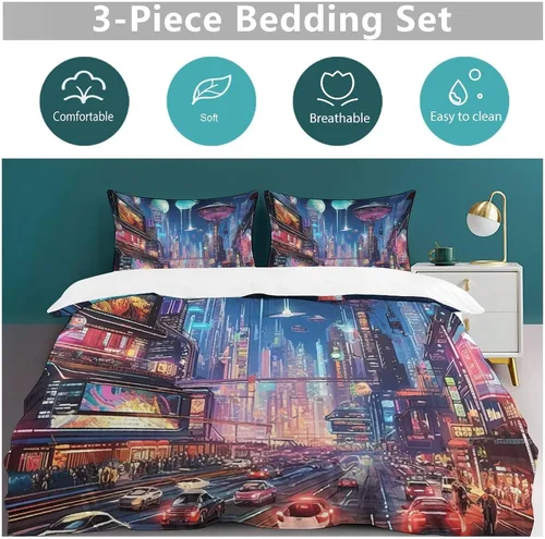Vista 5 de Landscape Duvet Cover Full Size, Ultra Soft Microfiber Cityscape Bedding Set, 3 Pieces Night Scenery Pattern Comforter Cover Set with Zipper Closure