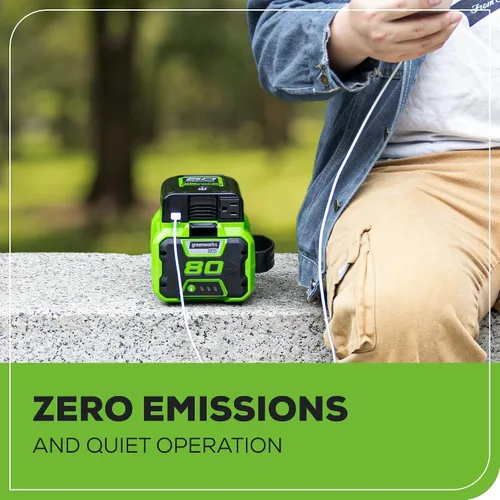 Vista 8 de Greenworks Inversor de corriente Pro de 80 V (300 vatios), 120 V CA, para cargar dispositivos electrónicos pequeños, teléfonos inteligentes