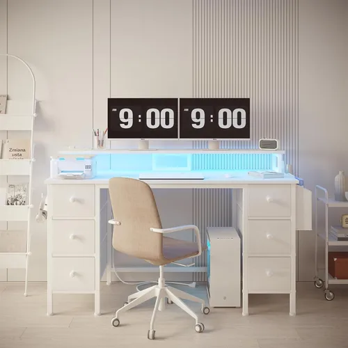 Vista 4 de Lufeiya Escritorio blanco para juegos con cajones y estantes de almacenamiento, escritorio de oficina en casa de 47 pulgadas con soporte