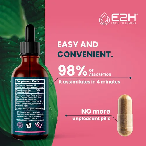 Vista 5 de E2H All Natural Women's Wellness, equilibrio hormonal y alivio del síndrome premenstrual con cohosh negro, Dong Quai y raíz de regaliz para aliviar