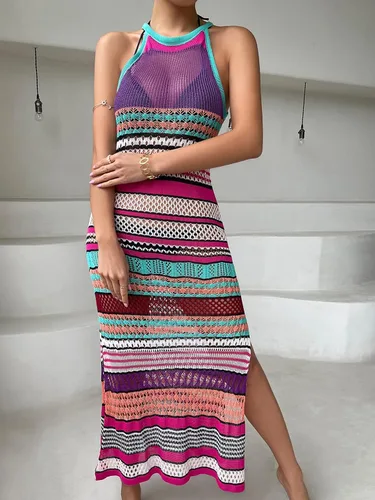 Vista 5 de Verdusa Vestido de playa para mujer, con abertura en el muslo, a rayas, para cubrir el bikini