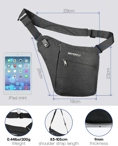 Vista 3 de WATERFLY Bolso bandolera bandolera con eslinga bolsa cruzada delgada antirrobo mochila sobre el hombro paquete lateral sigiloso para hombre y mujer