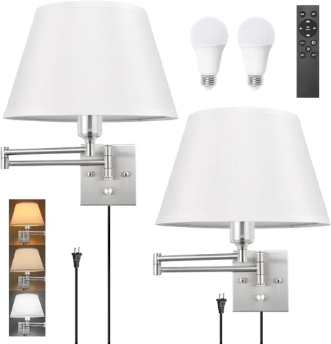 Vista 18 de TRLIFE Aplique de pared enchufable, juego de 2 lámparas de pared regulables con brazo oscilante de níquel cepillado, cable de enchufe y interruptor