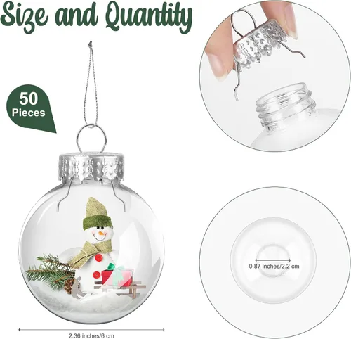 Vista 2 de 50 Piezas Adornos de Bola Redondos de Navidad de Plástico Transparente de 2.36 Pulgadas a Granel Parte Superior Removible Adornos Colgantes