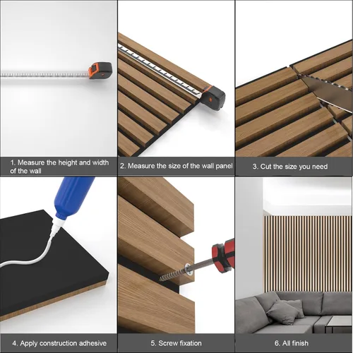 Vista 5 de Yuzzy Paneles de madera para pared y techo, paneles acústicos de listones de madera de 108 x 11 pulgadas, 2 unidades, paneles de pared modernos que
