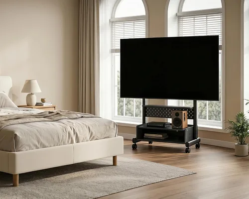 Vista 9 de FITUEYES Soporte de suelo de TV rodante para televisores de 40 a 85 pulgadas, soporte de TV móvil resistente con ruedas con cerradura, carrito de TV