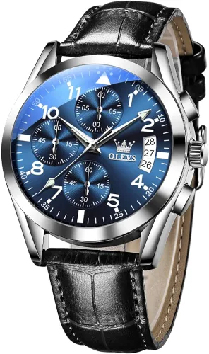 Vista 7 de OLEVS Reloj cronógrafo de cuarzo para hombre, correa de cuero dorada con fecha de día, reloj de pulsera de acero inoxidable impermeable, relojes