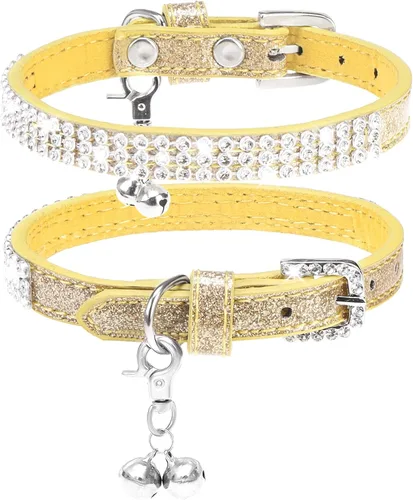 Vista 10 de PUPTECK Collar básico ajustable para gato con diamantes brillantes y campanas dobles, para gatitos y cachorros pequeños, collares de diamantes
