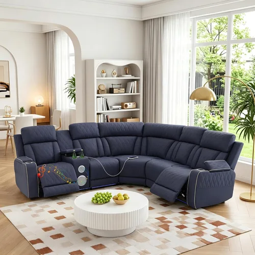 Vista 10 de Sofá seccional de cuero transpirable con sillón reclinable de doble potencia, sofá reclinable en forma de L de 6 plazas para sala de estar, sofá