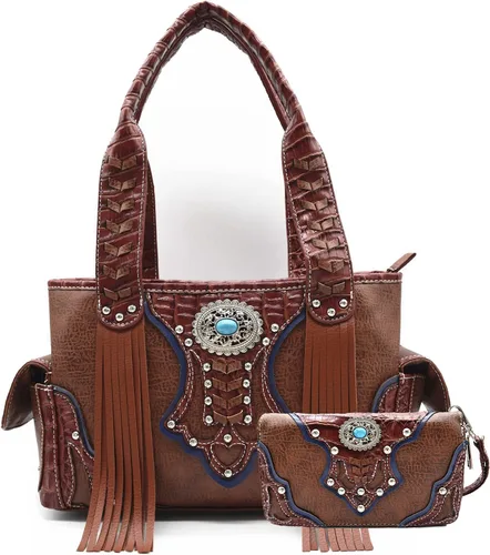 Vista 12 de Estilo occidental vaquera tejida con flecos de cocodrilo magnífico monedero conchos Tote Country Women bolso bolso hombro cartera conjunto 1 juego
