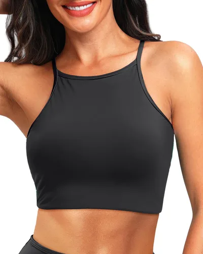 Vista 2 de Aqua Eve Top corto de natación para mujer, solo brasier deportivo, parte superior de bikini de cuello alto, parte superior de traje de baño