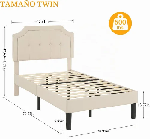 Vista 2 de VECELO - Base de cama tapizada con plataforma individual con cabecera ajustable de panel cosido con botones, fuerte soporte de listones de madera
