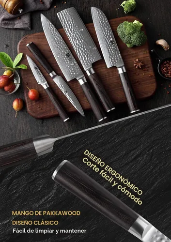 Vista 4 de XINZUO Juego de 5 cuchillos de corte de cocina, hoja de damasco martillada de 67 capas, juego de cuchillos de chef afilados de estilo japonés