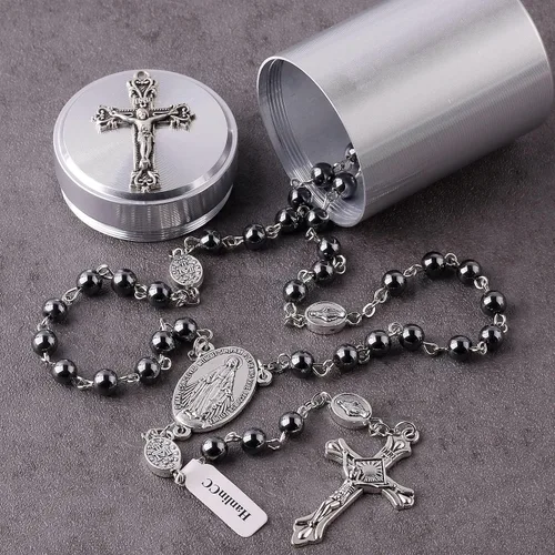 Vista 9 de HanlinCC Collar con cuentas de piedra negra de hematita de 0.236in con rosario milagroso con caja de regalo de metal de cruz para hombres y mujeres