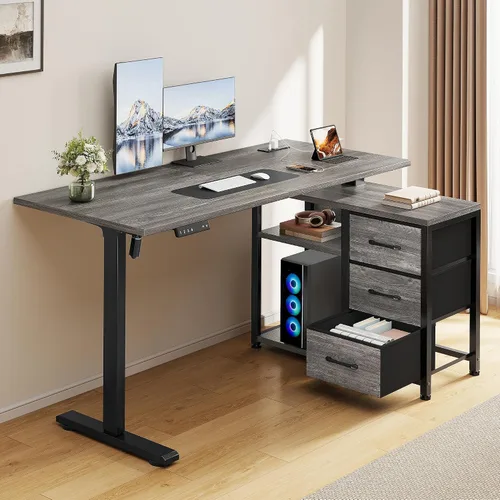 Vista 12 de 47 Inch L Shaped Desk with 3 Drawers Electric Standing Desks with Storage Computer Table Adjustable Height with Power Outlets 4 Memory Presets for