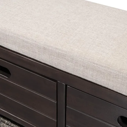 Vista 4 de SOFTSEA Banco de Almacenamiento Tapizado, Otomana de Almacenamiento con Cesta Removible y 2 Cajones, Banco de Zapatos de Estilo Granja con Cojín