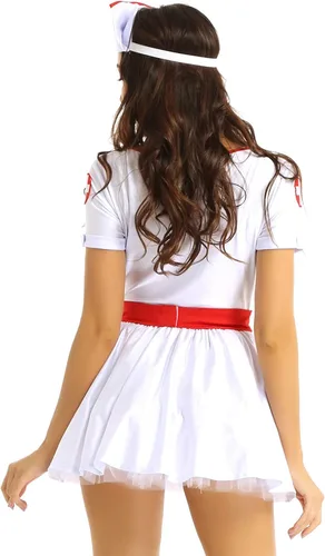 Vista 3 de easyforever Disfraz de enfermera con cordones para mujer, uniforme de sirvienta, disfraz de Halloween