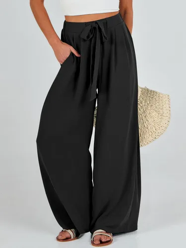 Vista 2 de Caracilia Pantalones palazzo de pierna ancha para mujer, de cintura alta, ajustables, con lazo, holgados, informales, con bolsillos