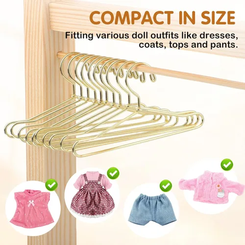 Vista 5 de 10 mini perchas de ropa, perchas pequeñas de metal dorado de 2.5 pulgadas para casa de muñecas, accesorios de armario de muñecas a escala 1:6