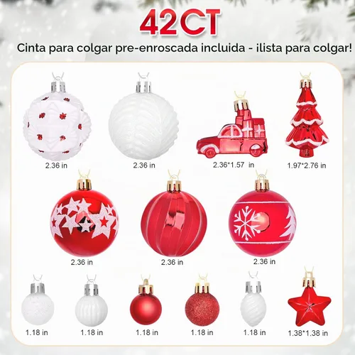 Vista 2 de DeckTheHalls 42 adornos de Navidad, varios estilos de adornos de bolas de Navidad, bolas de Navidad inastillables para decoración de árbol